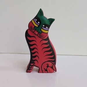 VTG Wood Carved Cat Figurine Red w/ Black Stripes Laurel Burch‎ Painted Folk Art